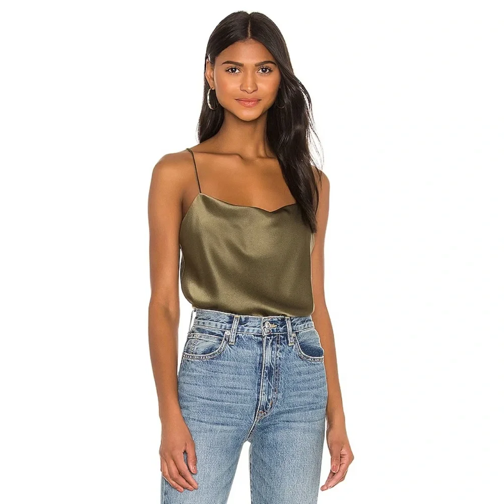 Alice & Olivia Harmon Olive Green Satin Cowl Neck Bodysuit - Picture 1 of 10